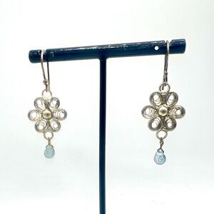 Silver filigree & aquamarine gemstone flower earrings dangles boho Roost brand